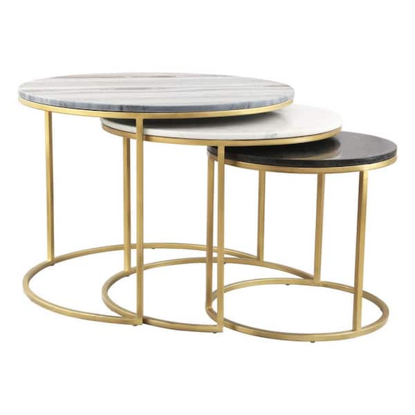HomeRoots 28 in. Gray Round Marble Coffee Table with Storage