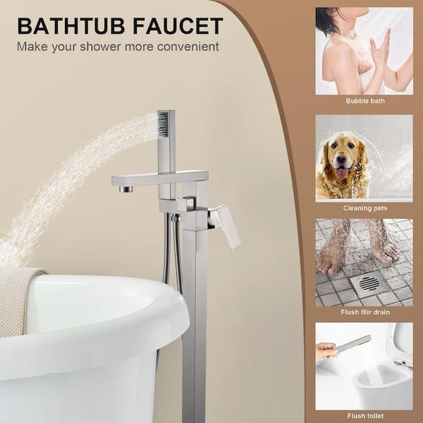 Single-Handle Freestanding Tub Faucet with Hand Shower Head in Brushed Nickel