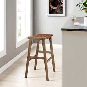 Saorise 29.5 in. Walnut Brown Backless Wood Bar Stool Counter Stool with Woven Leather 2 (Set of Included)