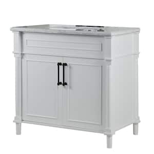 Aurora 36 in. W x 22 in. D x 36 in. H Single Bathroom Vanity Cabinet in White with White Marble Top and Black Hardware