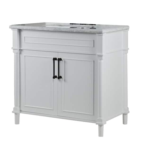 Bellaterra Home Aurora 36 in. W x 22 in. D x 36 in. H Single Bathroom Vanity Cabinet in White with White Marble Top and Black Hardware