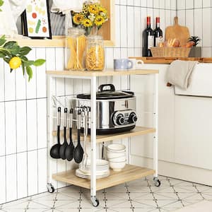 Maple Kitchen Baker's Rack 3-Tier Microwave Cart with Wheels and 10-Hooks