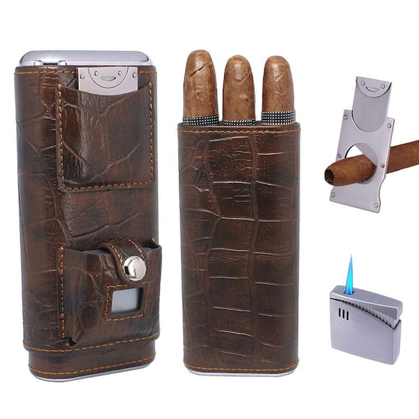 6.85 in. W x 2.8 in. H Black Brown Crocodile Pattern Leather Wood Cigar  Humidor Case Set w/Lighter and Cutter SA1059B296