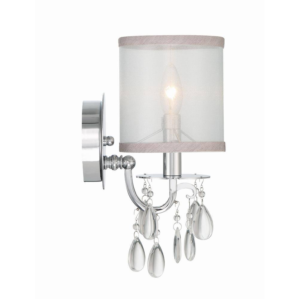 Elegant Chrome Sconce with Translucent Gold Silk Shade and Etruscan Beads