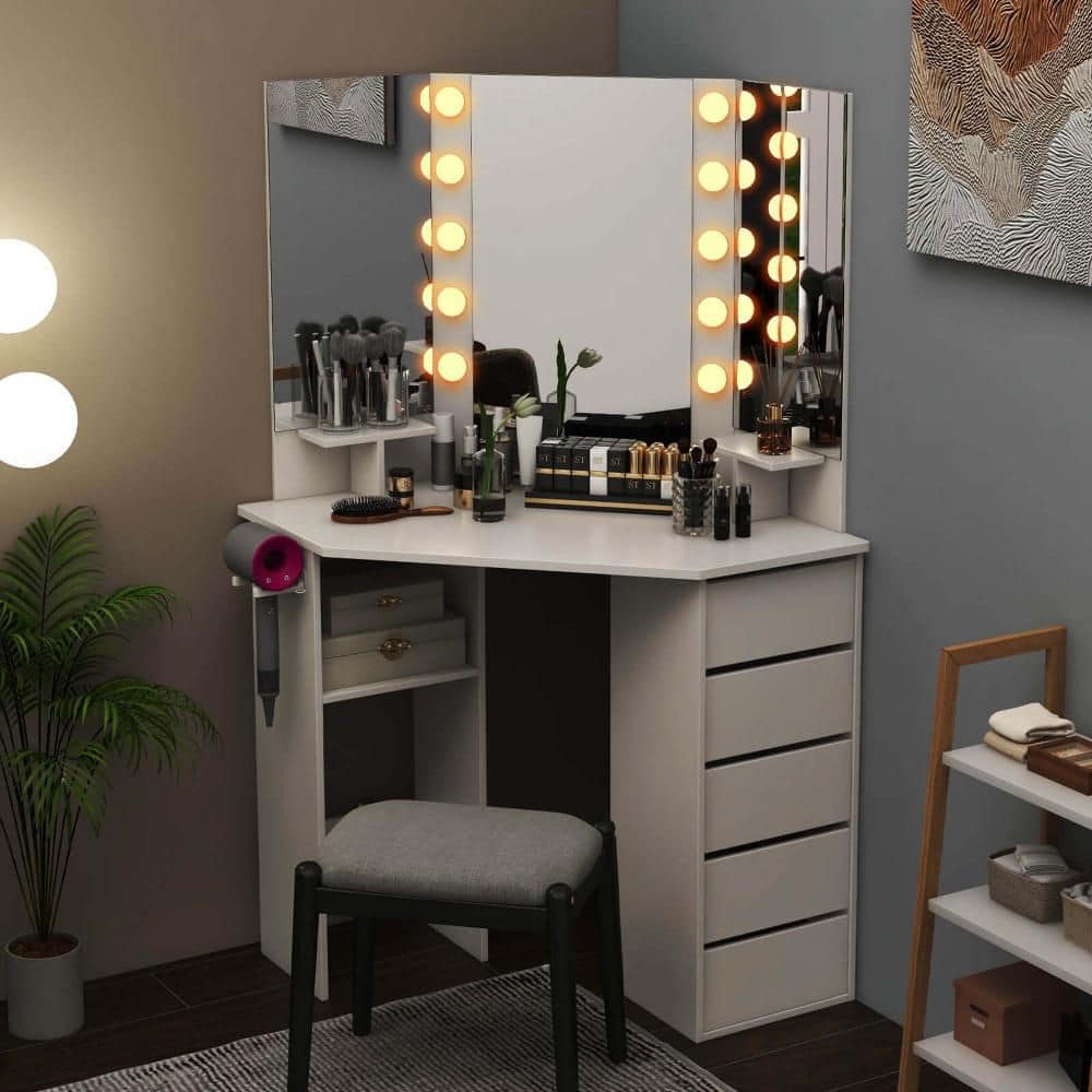 1-Piece White Corner Makeup Vanity Desk Cosmetic Vanity Station with LED Mirror and Power Outlets - thumbnail 8