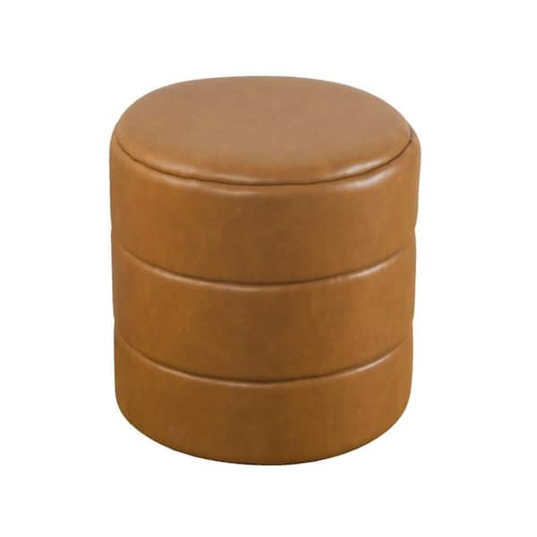 Sem Caramel Brown Faux Leather Round Accent Ottoman