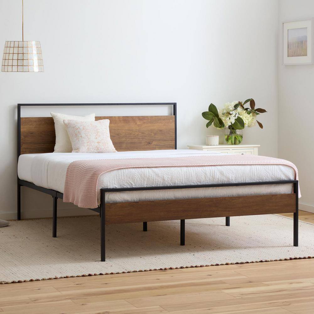 Modern Rustic King Platform Bed with Wood Frame and Slats