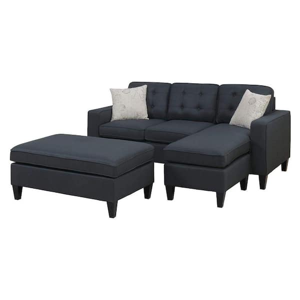 Benjara 60 in. Straight Arm 3-Piece Fabric L Shaped Sectional Sofa in Black with Button Tufted Back