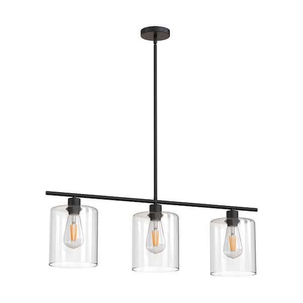 Industrial 3-Light Black Island Pendant Light with Clear Glass Shade Bulb Included for Dining Room Foyer Kitchen Island
