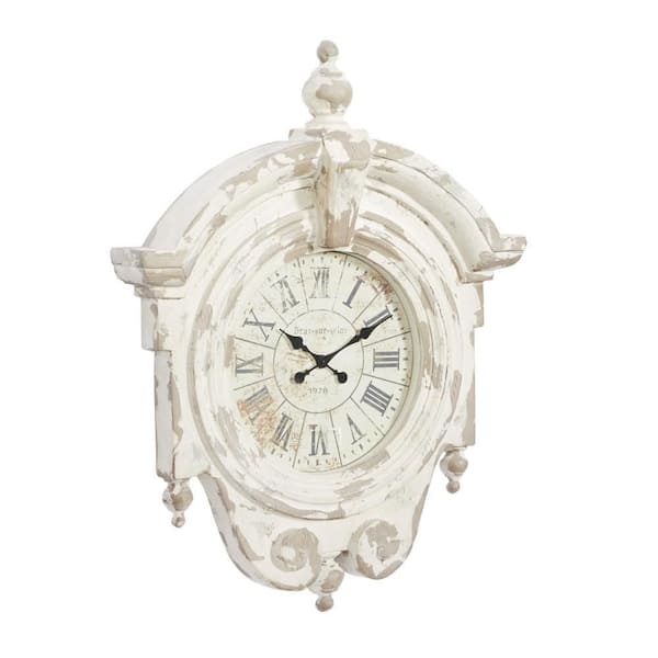 Litton Lane 34 in. x 44 in. Cream Fiberglass Carved Scroll Wall Clock with Distressing