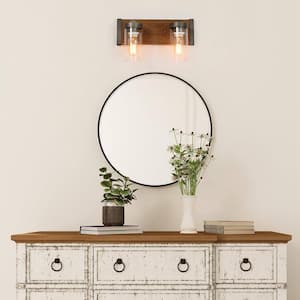 14 in. 2-Light Brushed Aged Silver Bathroom Vanity Light Rustic Wall Sconce with Brown Faux Wood Plate and Clear Glass