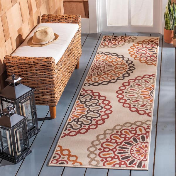 Veranda Creme/Red 2 ft. x 8 ft. Geometric Floral Indoor/Outdoor Runner Rug
