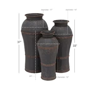 37 in., 33 in., 29 in. Brown Distressed Metal Decorative Vase with Rivet Details (Set of 3)