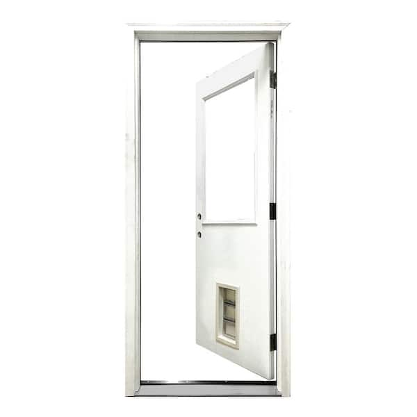 30 in. x 80 in. Reliant Series Clear Half Lite RHIS White Primed Fiberglass  Prehung Back Door with Med Pet Door