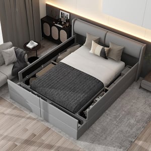 Gray Wood Frame Queen Size Velvet Upholstered Platform Bed with 6 Storage Compartments on Both Sides and Footboard