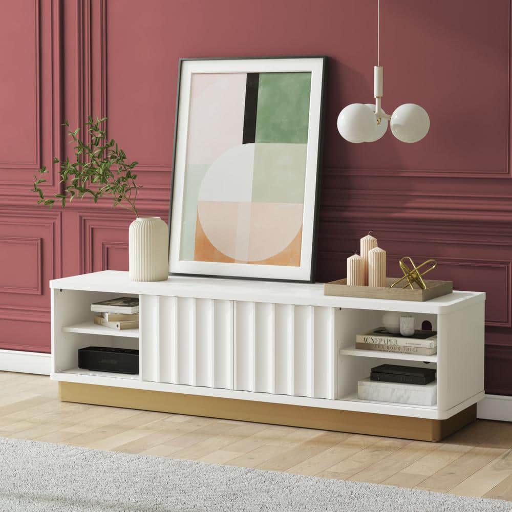 Glossy White and Golden Bronze Modern TV Stand with Cabinet