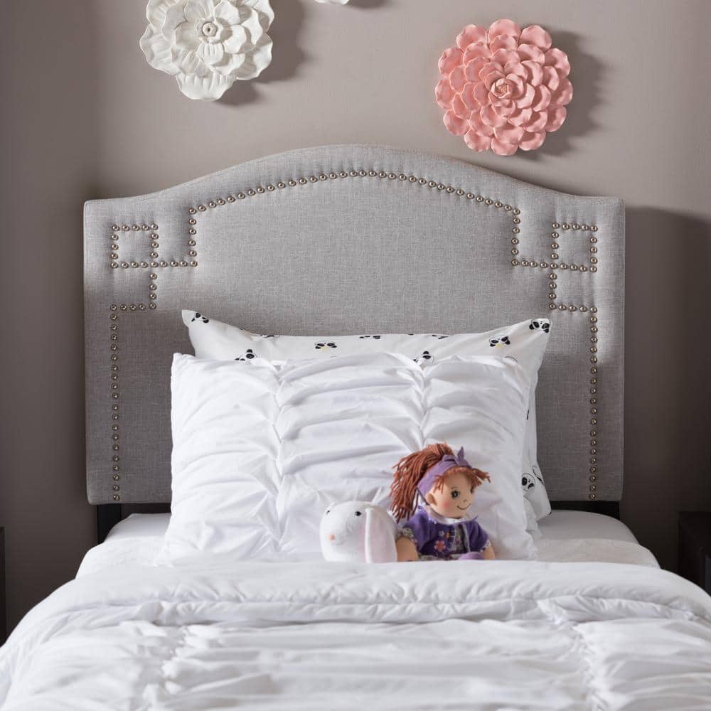 Greyish Beige Tufted Upholstered Queen Headboard with Nailhead Trim