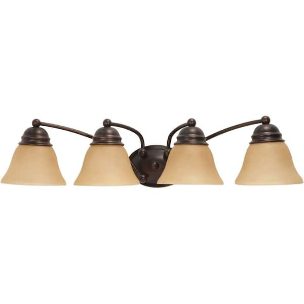 SATCO Empire 29 in. 4-Light Mahogany Bronze Vanity Light with Champagne Linen Washed Glass Shade