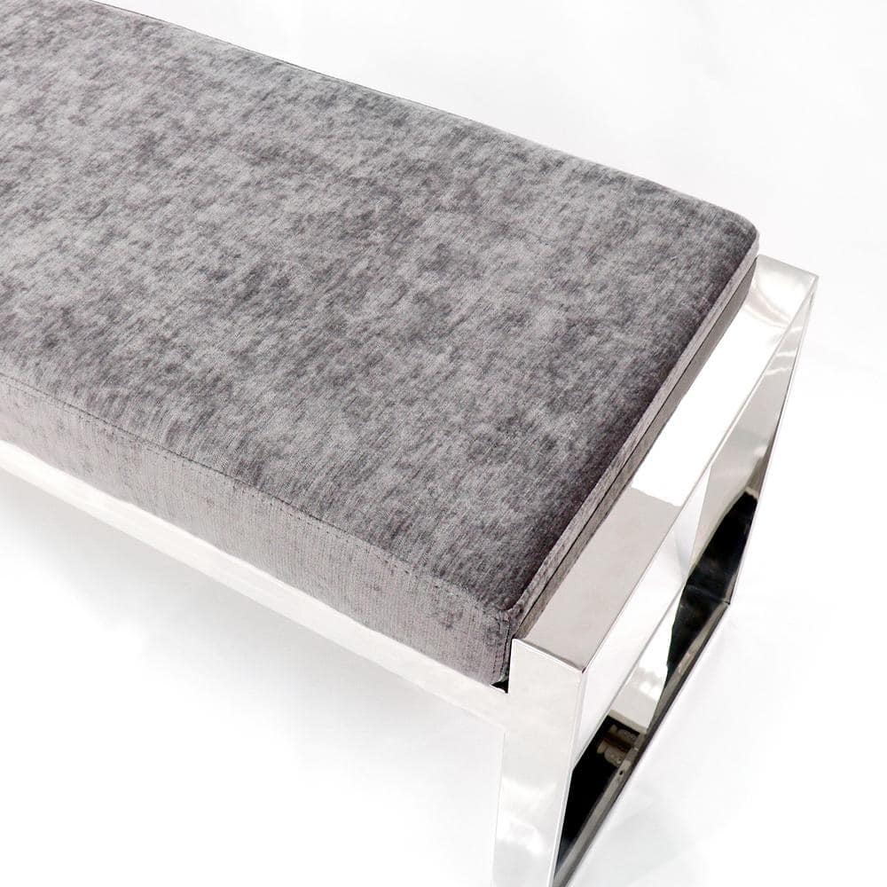Gray Velvet Upholstered Bench with Stainless Steel Legs