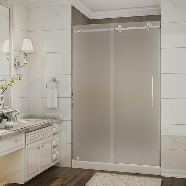 Aston Moselle 48 in. x 36 in. x 77.5 in. Completely Frameless Sliding Shower Door with Frosted Glass in Stainless Steel