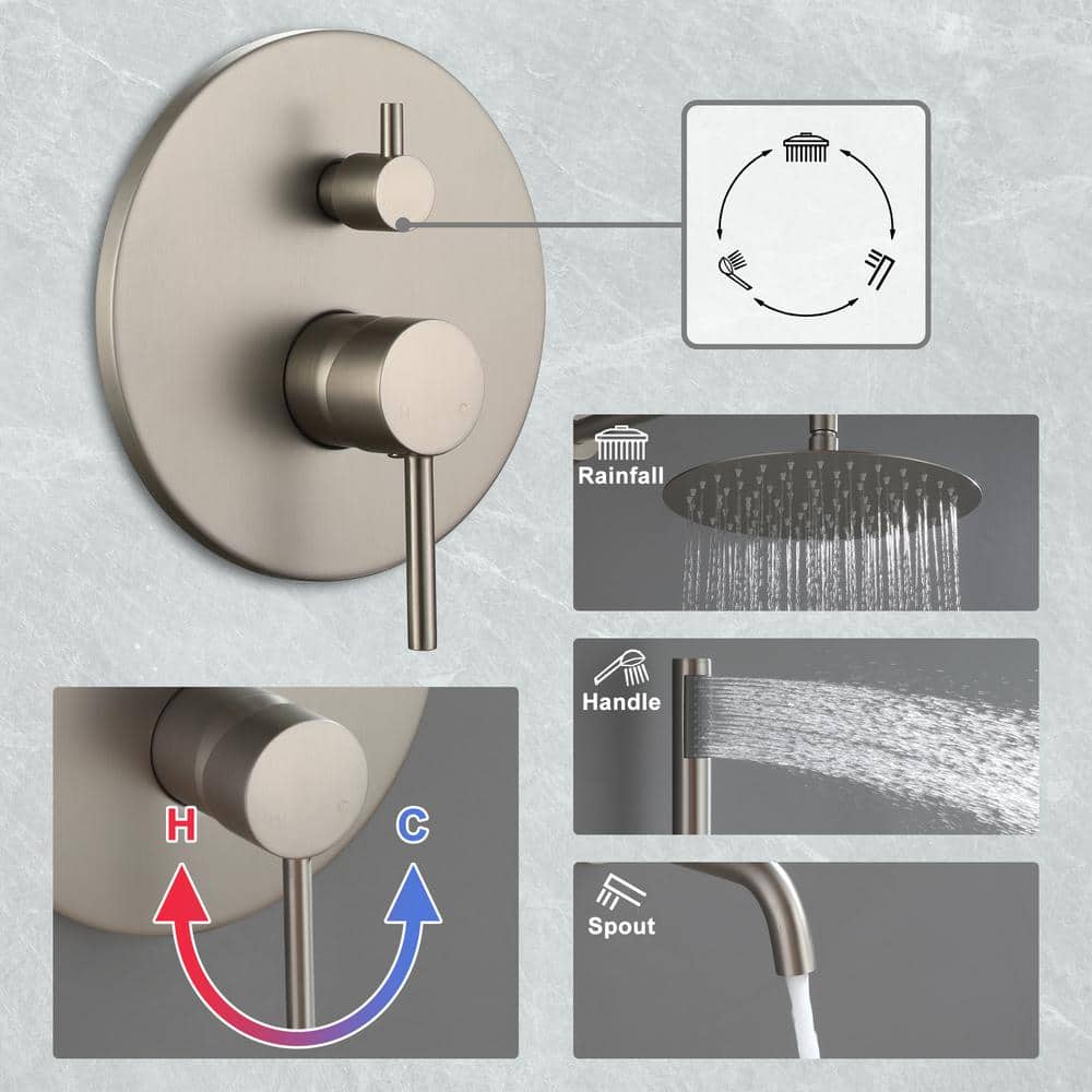 Brushed Nickel Large Round Rain Shower System with Handheld