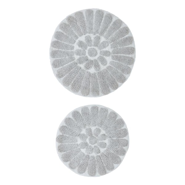 Chesapeake Merchandising Chesapeake Bursting Flower 2piece White & Light Grey Round Bath Rug Set (24 in. and 30 in.)