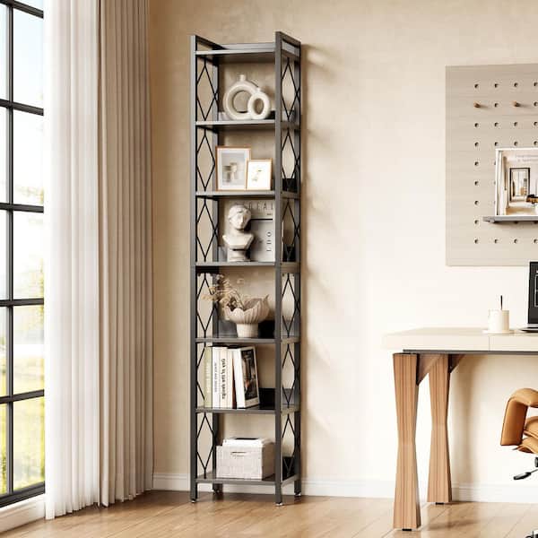 79 in. Tall Narrow Black Wood 7-Shelf Etagere Bookcase Bookshelf with Sturdy Metal Frame for Living Room, Bedroom