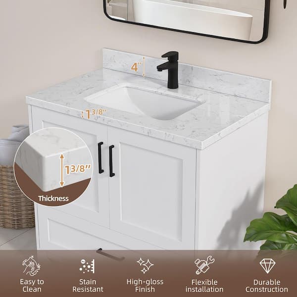 Zeafive Kar 36.44 in. W x 22 in. D Carrara White Engineered Marble