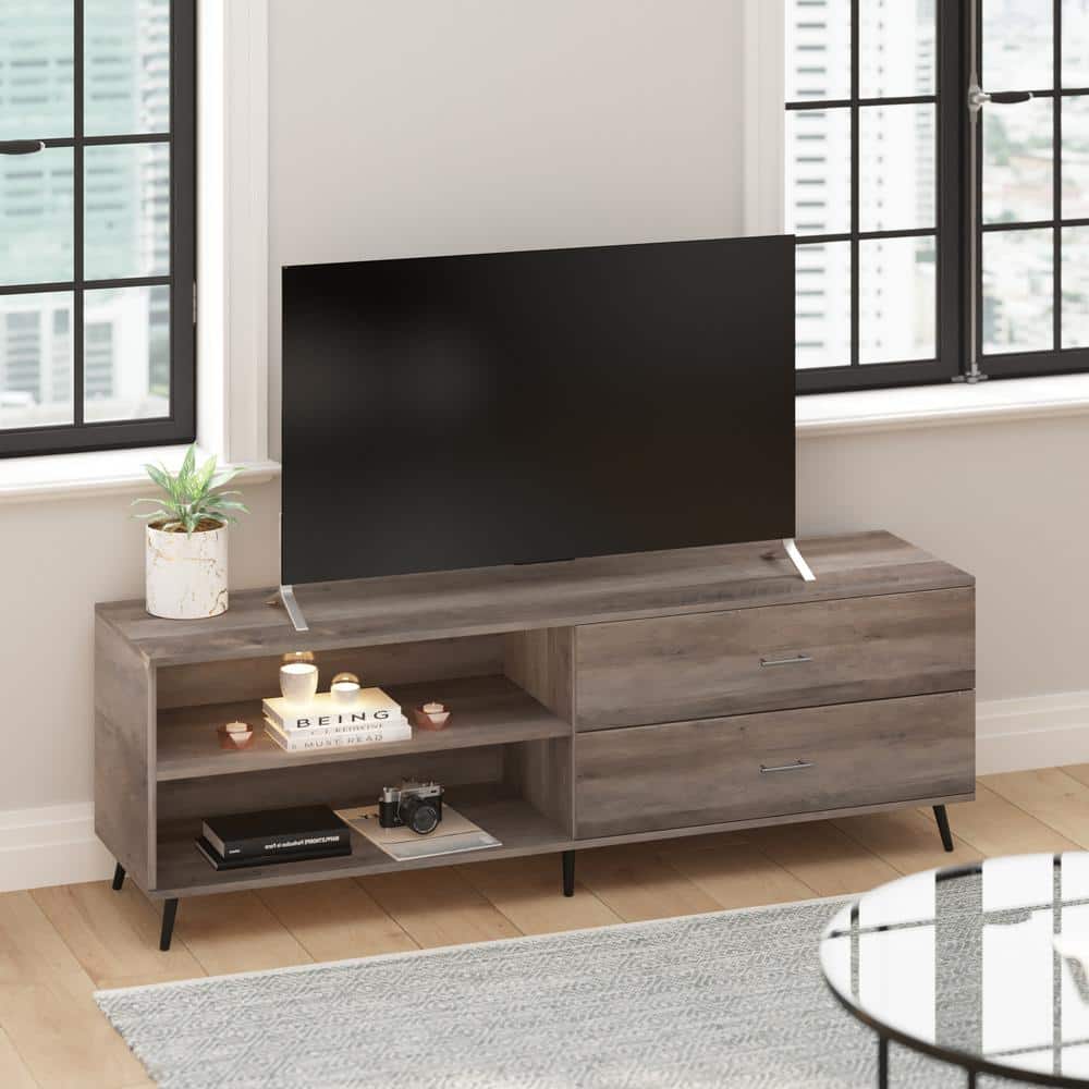Mid-Century Walnut 65" TV Stand with Adjustable Shelf and Drawers