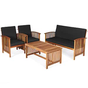 Brown 4-Pieces Wood Patio Conversation Set Couch Coffee Table with Black Cushions