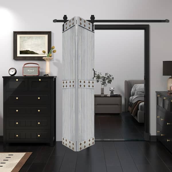 ISLIFE Mid-Bar Style 30 in. x 84 in. (15 in. x 84 in. 2-Panels) Solid Core French Gray Wood Bi-Fold Door Hardware Kit -Assembly