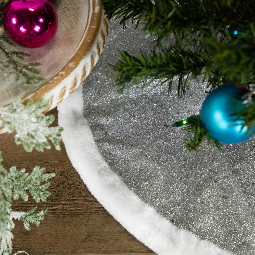 Silver Glittered Mini Christmas Tree Skirt with White Faux Fur Trim