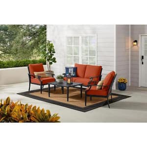 Braxton Park 4-Piece Black Steel Outdoor Patio Conversation Deep Seating Set with CushionGuard Quarry Red Cushions