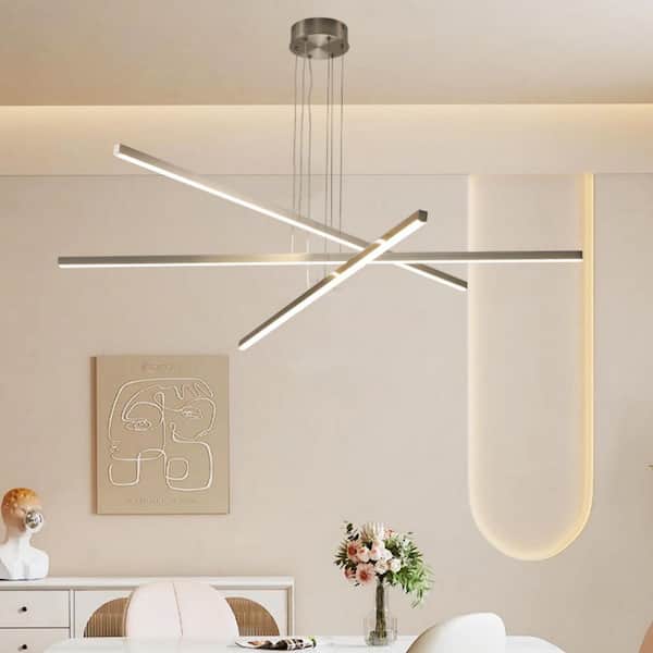 Modern 3-Light Chrome Sleek Metal Geometric Linear Chandelier for Dining Room with Integrated LED