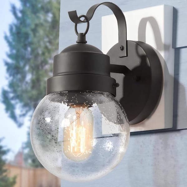 Greet 1-Light Matte Black Barn Light Outdoor Sconce with Clear Seeded Glass Shade