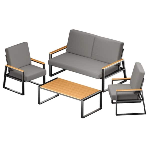 4-Piece Gray Patio Set, Weather-Resistant Outdoor Conversation Set with Thick Cushions and Coffee Table for Lawn, Garden