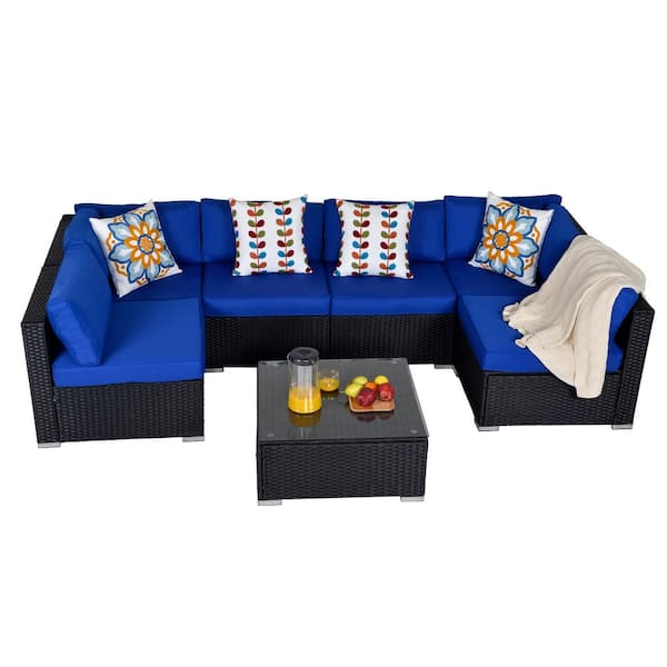 Outime Outside Patio Furniture Brown Rattan Sofa Wicker Sectional Sofa Set Conversation Set Garden Couch Royal Blue Cushion 7pcs 