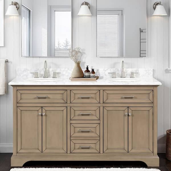 Windlowe 61 in. Double Sink Almond Taupe Bath Vanity with White Carrara Marble Top (Assembled)