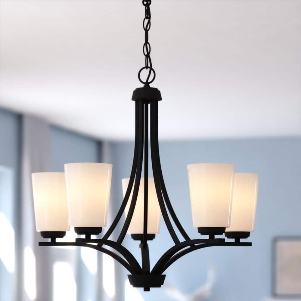 River Grove 5-Light 24.75 in. Wide Matte Black Chandelier, Frosted White Glass Shades, for Dining Table, Kitchen price history on PriceWatchPro