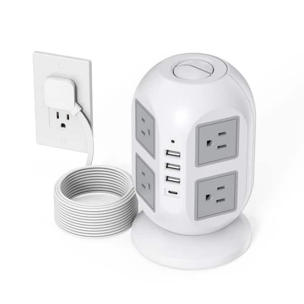 10 ft. Power Strip Tower 8-Outlet AC 1800 Joule Surge Protector Long Flat Extension Cord with and 4 USB Ports (1 USB C)