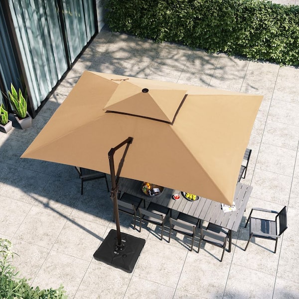Heavy-Duty 12.5 ft. x 10 ft. Aluminum Outdoor 360° Swivel Double Top Offset Cantilever Patio Umbrella in Tan with Base