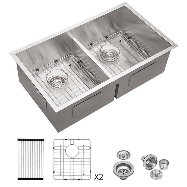 EPOWP 28 in. Undermount Double Bowl (50/50) 16-Gauge Brushed Nickel Stainless Steel Kitchen Sink with Drying Rack