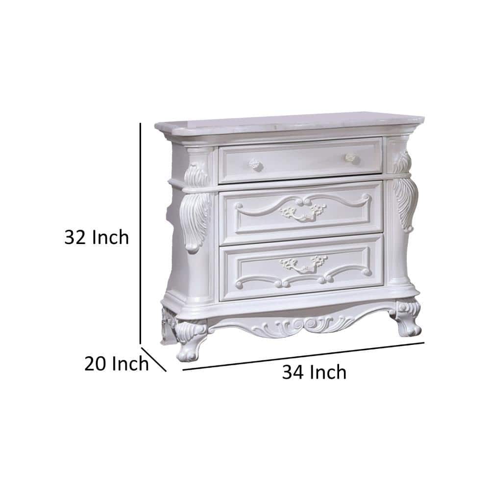 Venta White Solid Wood 3 Drawer Nightstand with Carved Details