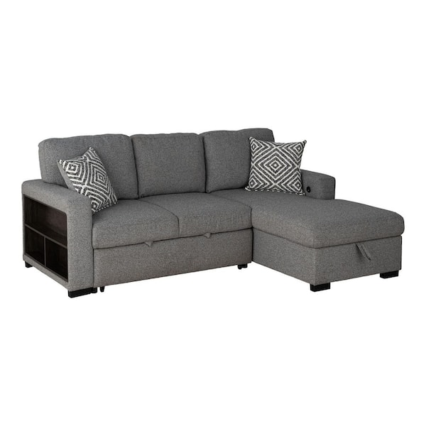 Selena 93 in. Track Arms Fabric Upholstered L-Shaped Right-Chaise Pull-Out Sectional Sofa in Gray with Bookcase