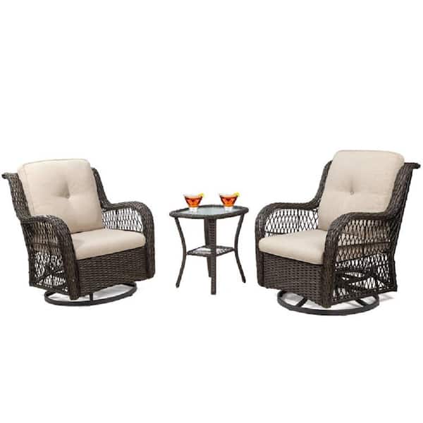 Sudzendf 3-Piece Wicker Patio Swivel Rocker Outdoor Bistro Set with Beige Cushion, 2 Rocking Chairs and Side Table