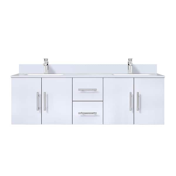 Geneva 60 in. W x 22 in. D Glossy White Double Bath Vanity, White Quartz Top, and Faucet Set