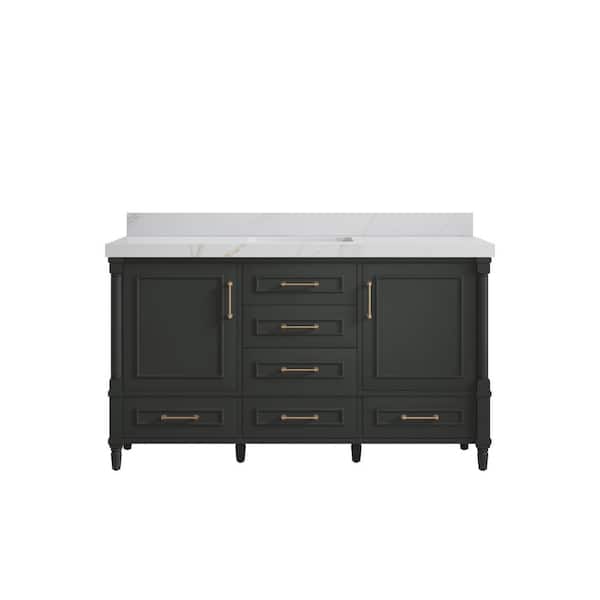 Hudson 60 in. Single Sink Freestanding Black Top Bath Vanity with Calacatta Sienna Quartz Top Unassembled