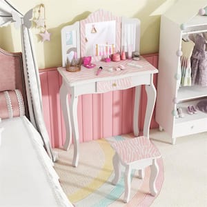 2-Piece MDF Top Pink and White Kids Vanity Set with Tri-folding Mirror Drawer