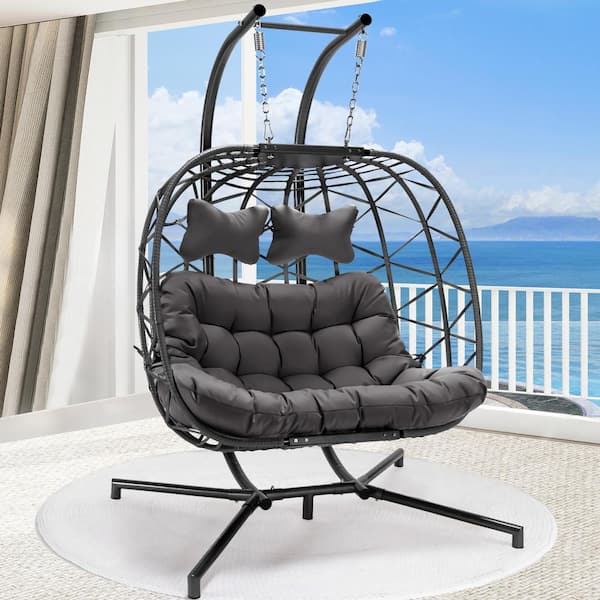 NICESOUL Large 2 Person 510 lbs. Gray Wicker Double Swing Egg Chair with Black Stand and Gray Cushions