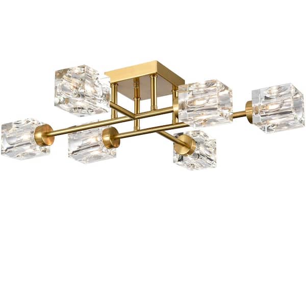CLAXY 16 in. 6-Light Gold Modern Semi-Flush Mount with Crystal Shade and No Bulbs Included 1-Pack